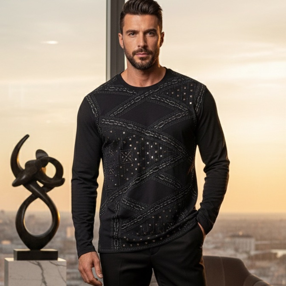 Versace Collection Black Studded and Rhinestone Embellished Long Sleeve Top XXL